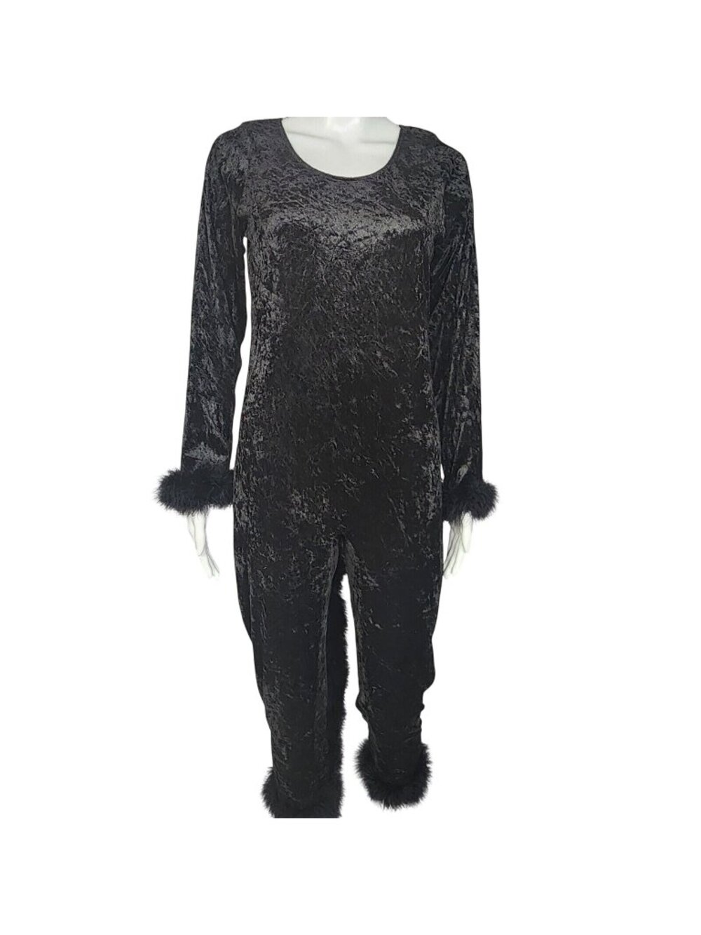 Rainbeau Womens Black Crushed Velvet Jumpsuit With Faux Fur Trim Size XL